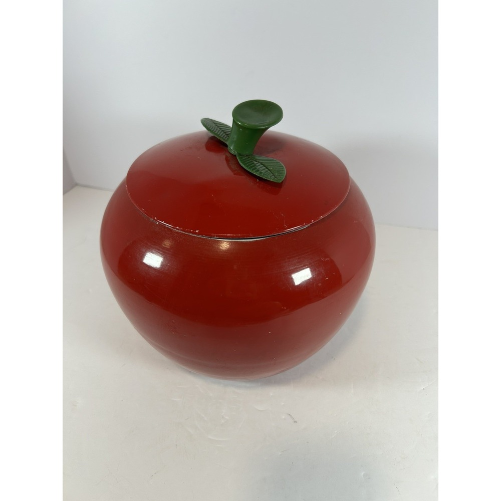 Vintage MCM Enamel Chrom-Ever Aluminum Red McIntosh Apple Canister Lid W/Stem